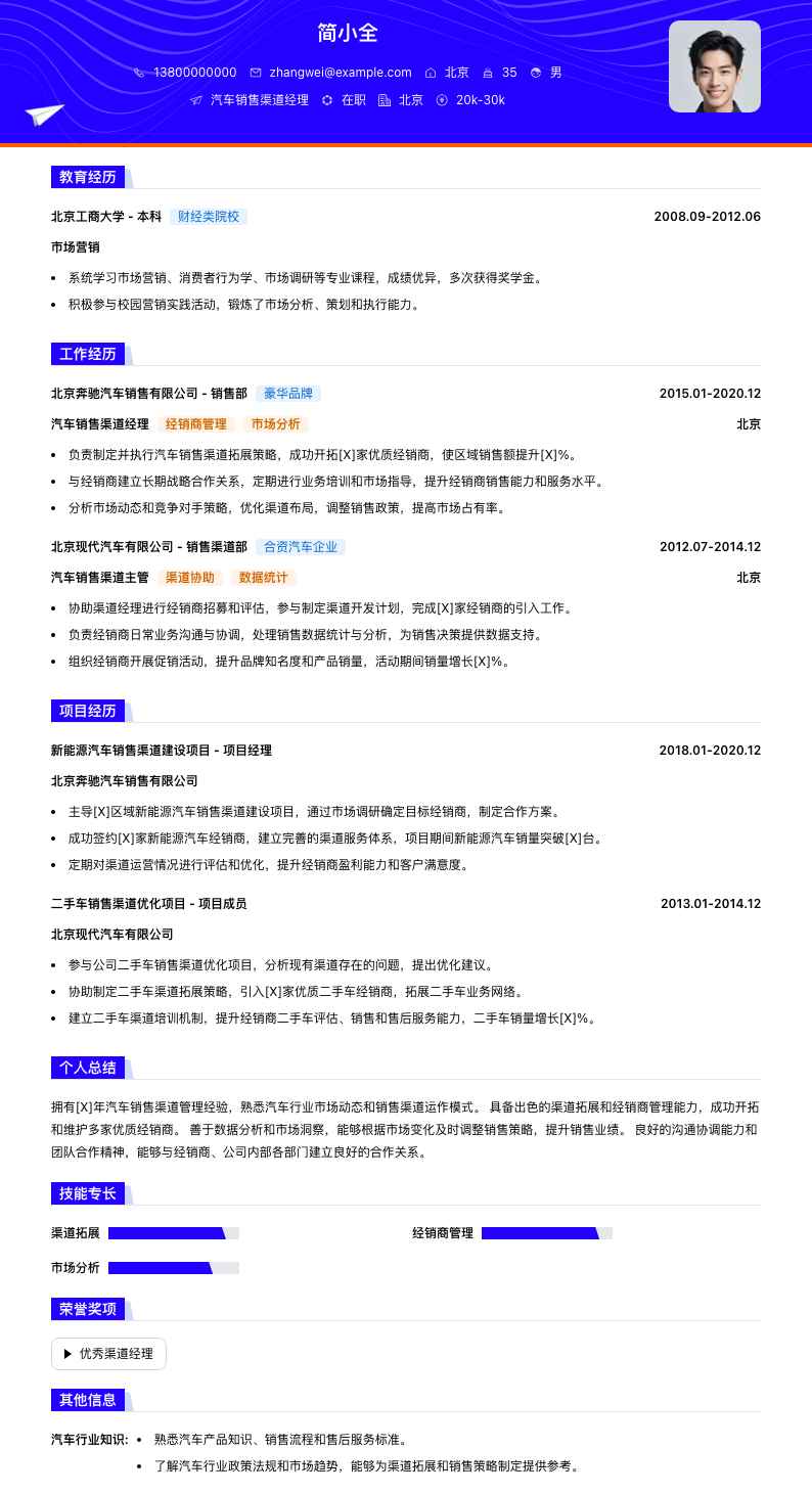 汽车销售渠道经理简历模板