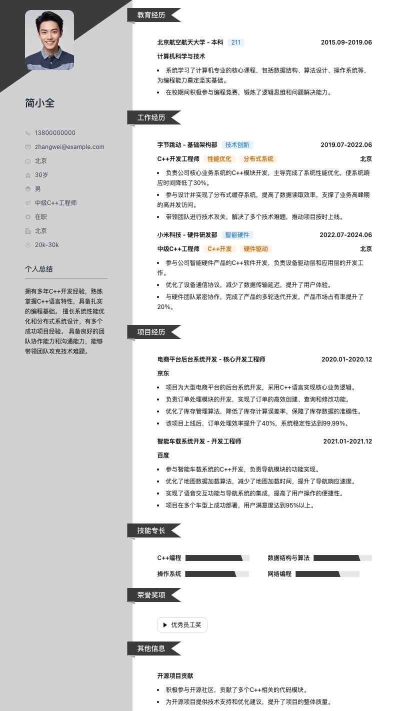 中级c++工程师简历模板