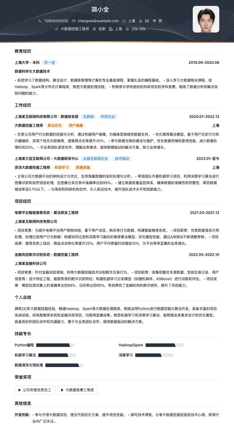 大数据挖掘工程师简历模板