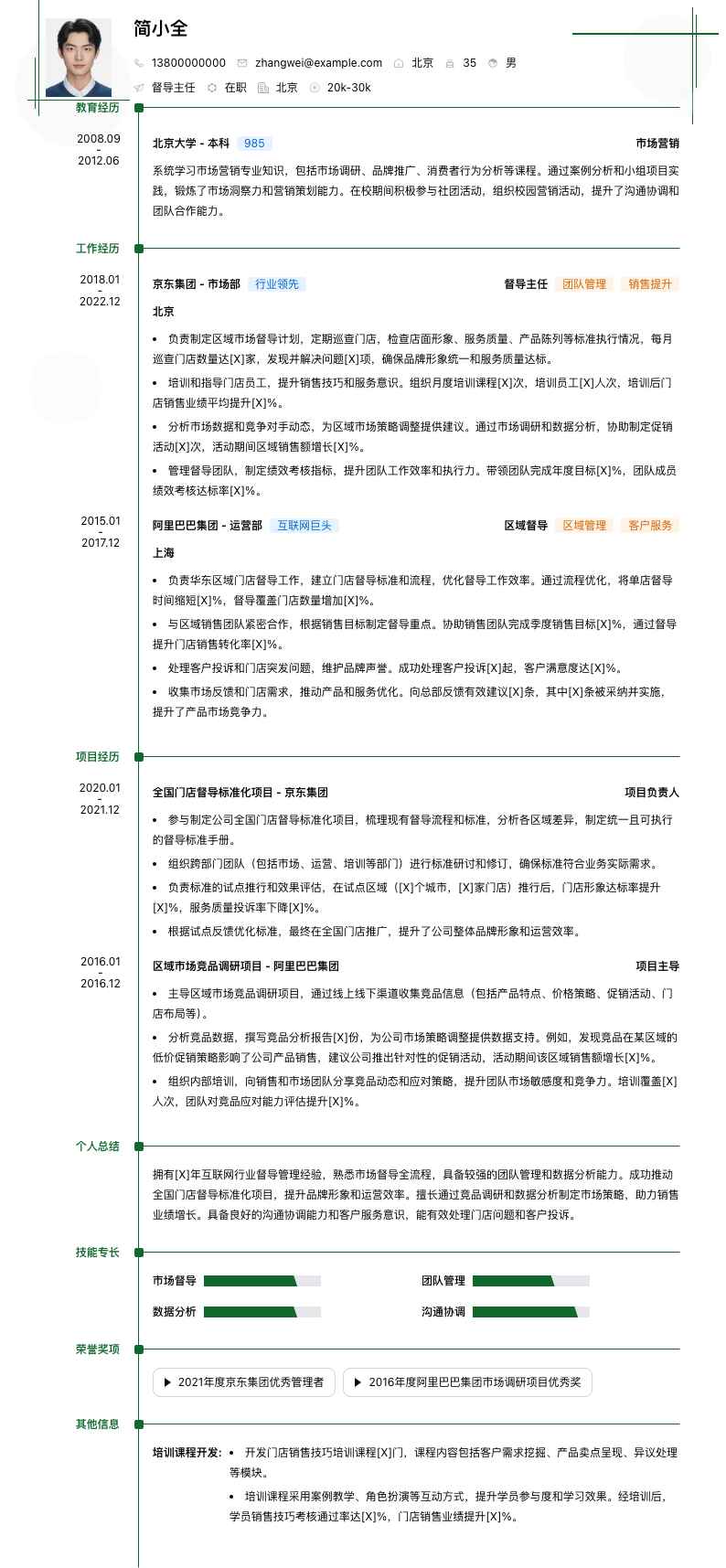 督导主任简历模板
