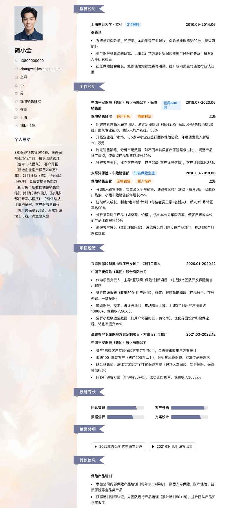 保险销售经理简历模板