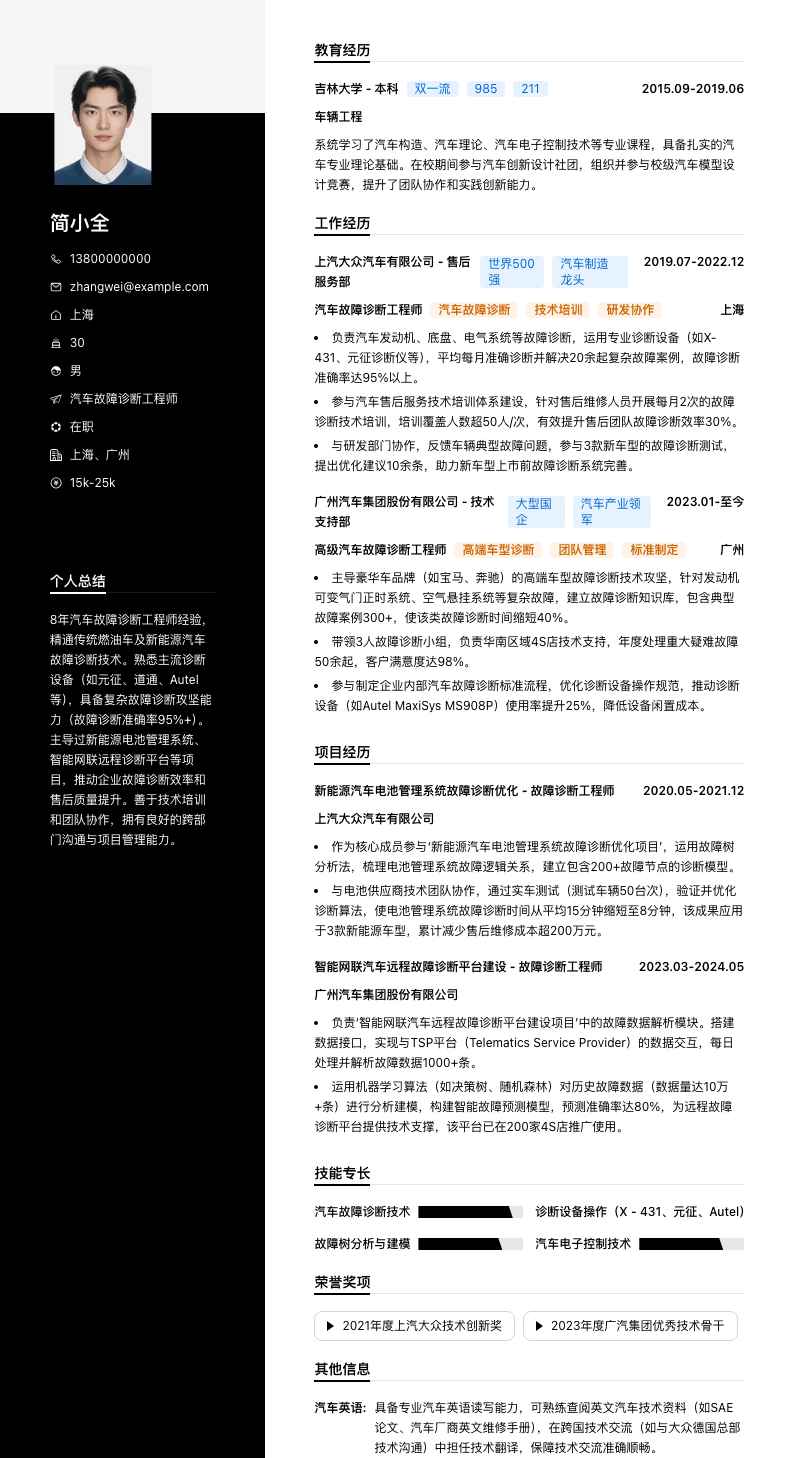 汽车故障诊断工程师简历模板