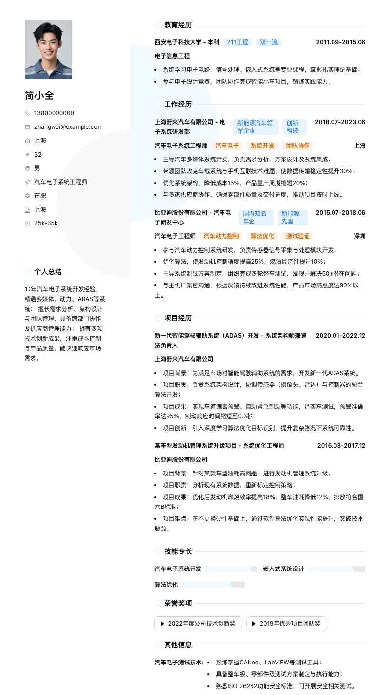 汽车电子系统工程师简历模板