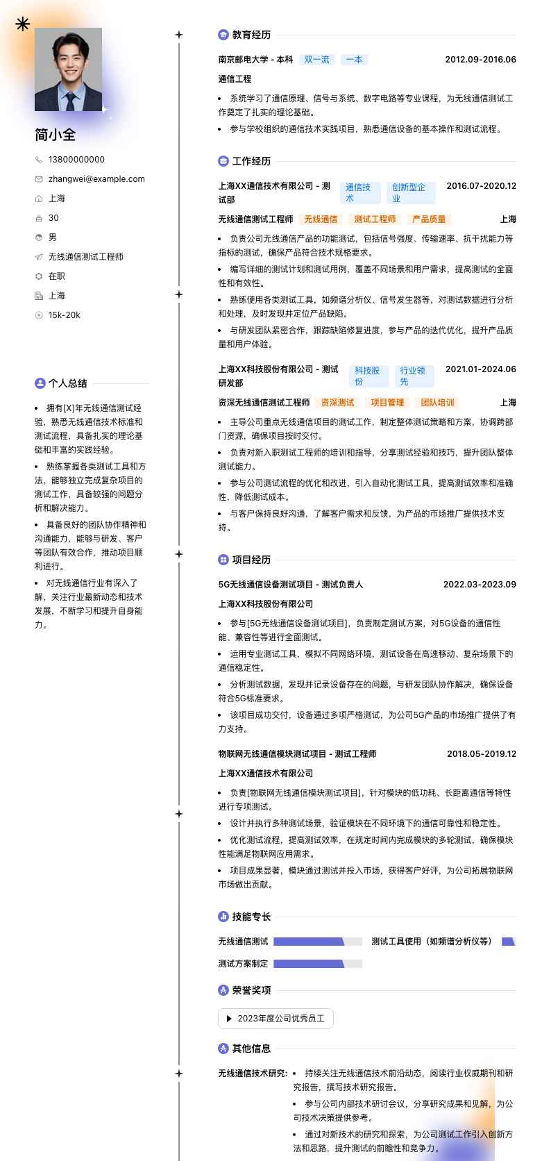 无线通信测试工程师简历模板