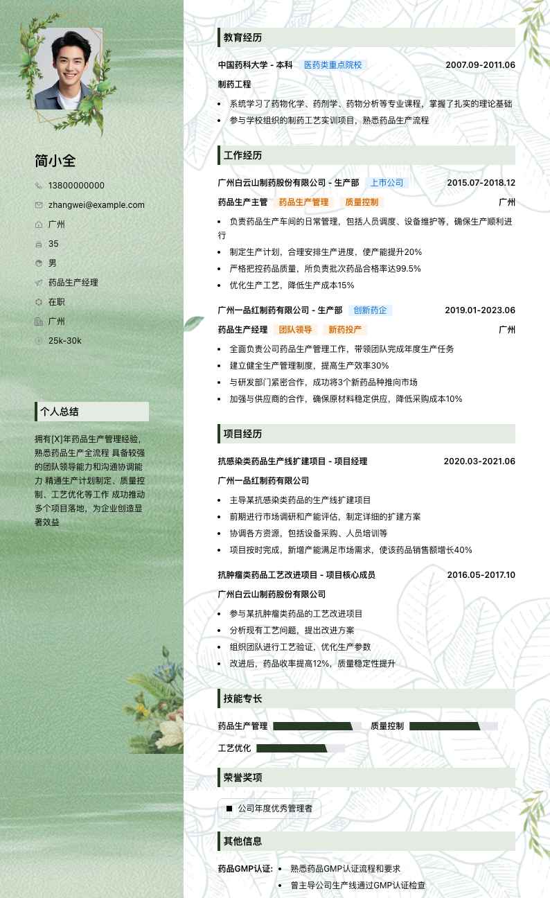 药品生产经理简历模板