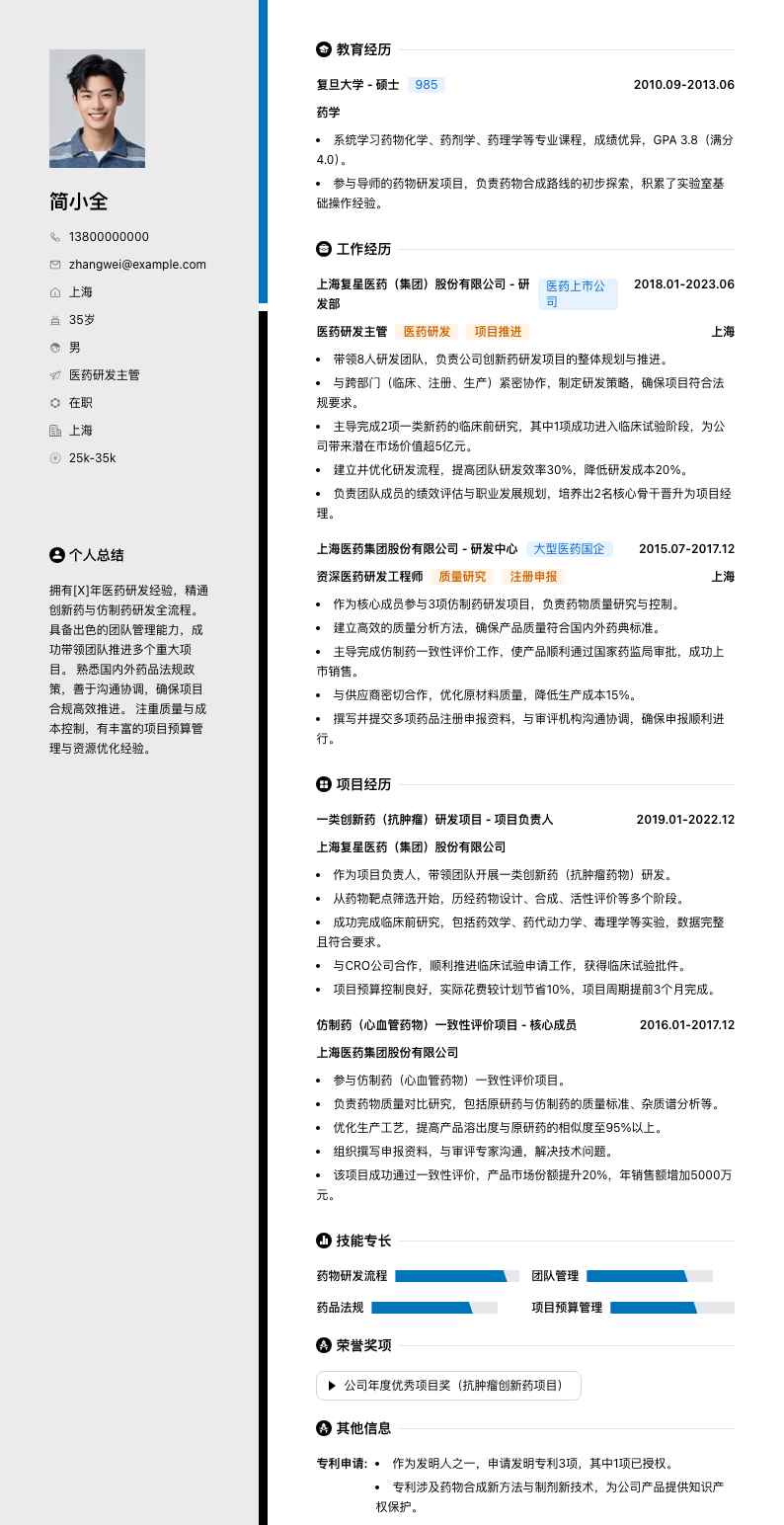 医药研发主管简历模板