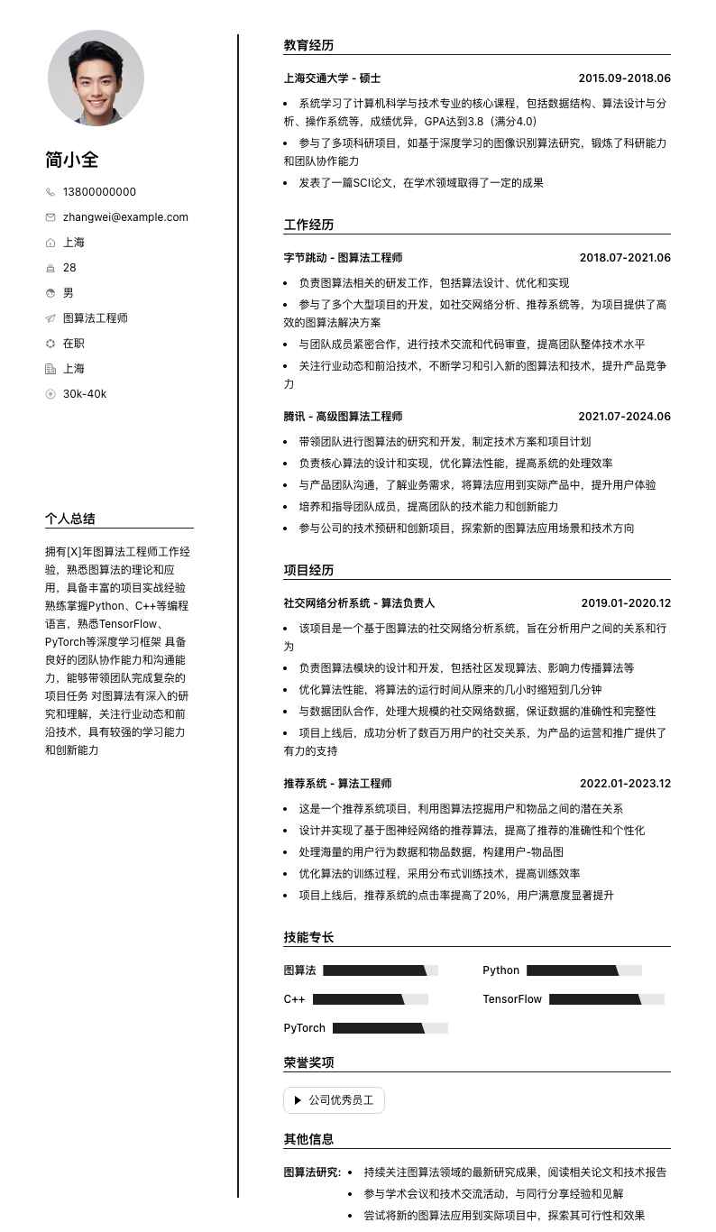 图算法工程师简历模板
