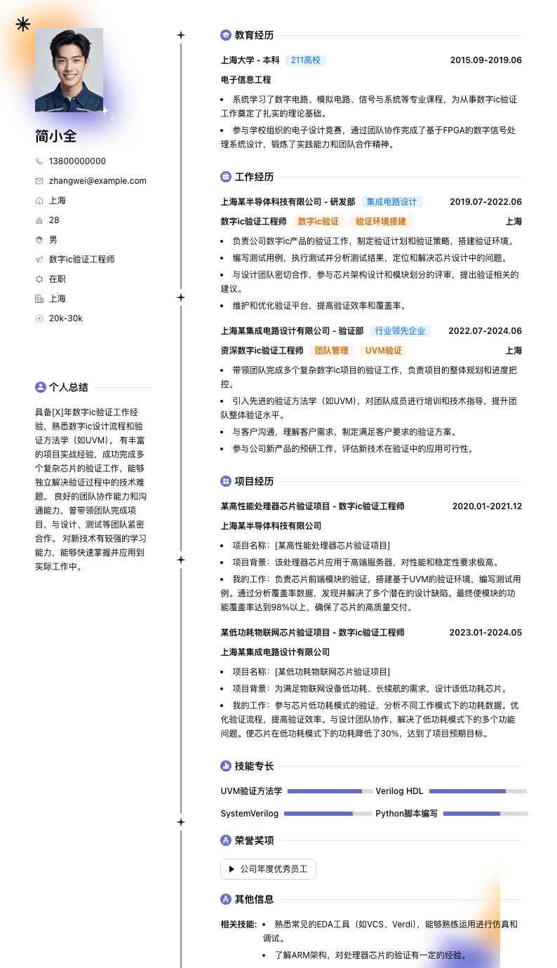 数字ic验证工程师简历模板