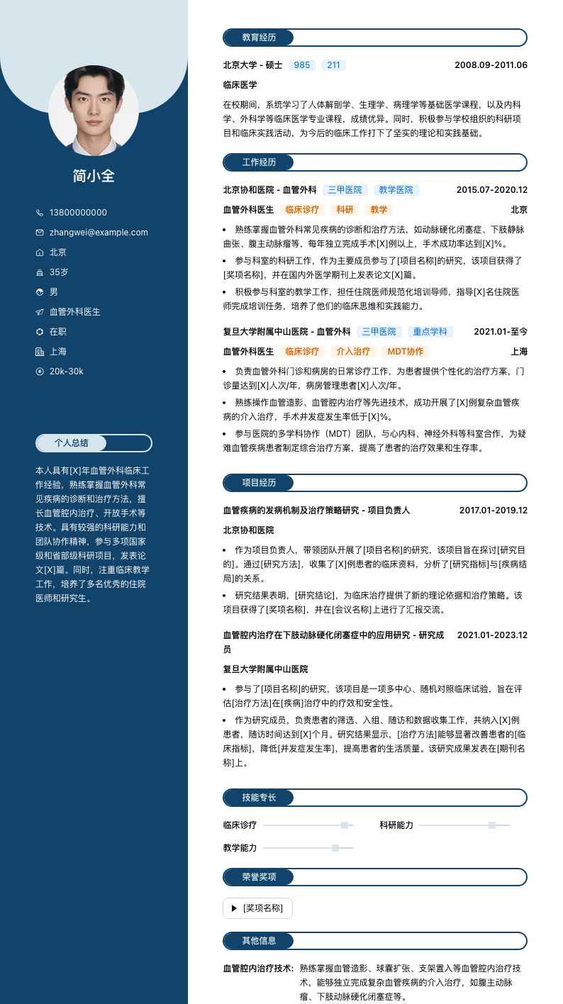 血管外科医生简历模板