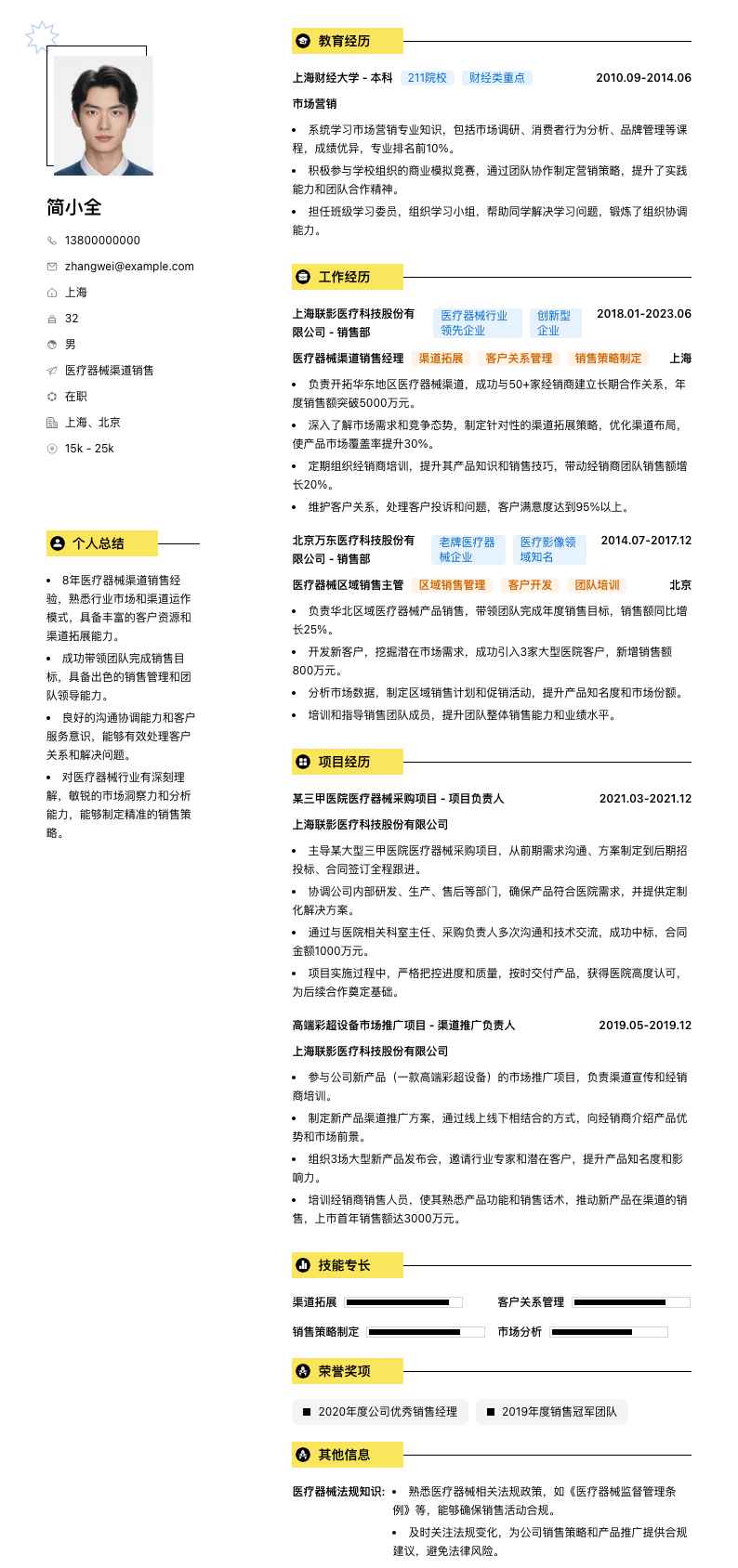 医疗器械渠道销售简历模板