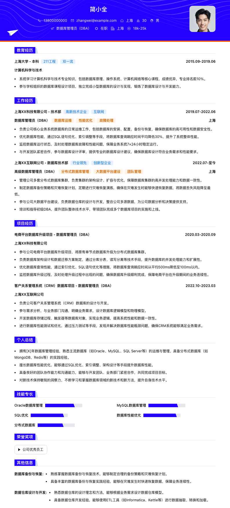 数据库管理员（DBA）简历模板