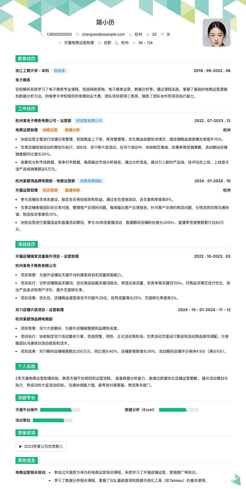 天猫电商运营助理简历模板