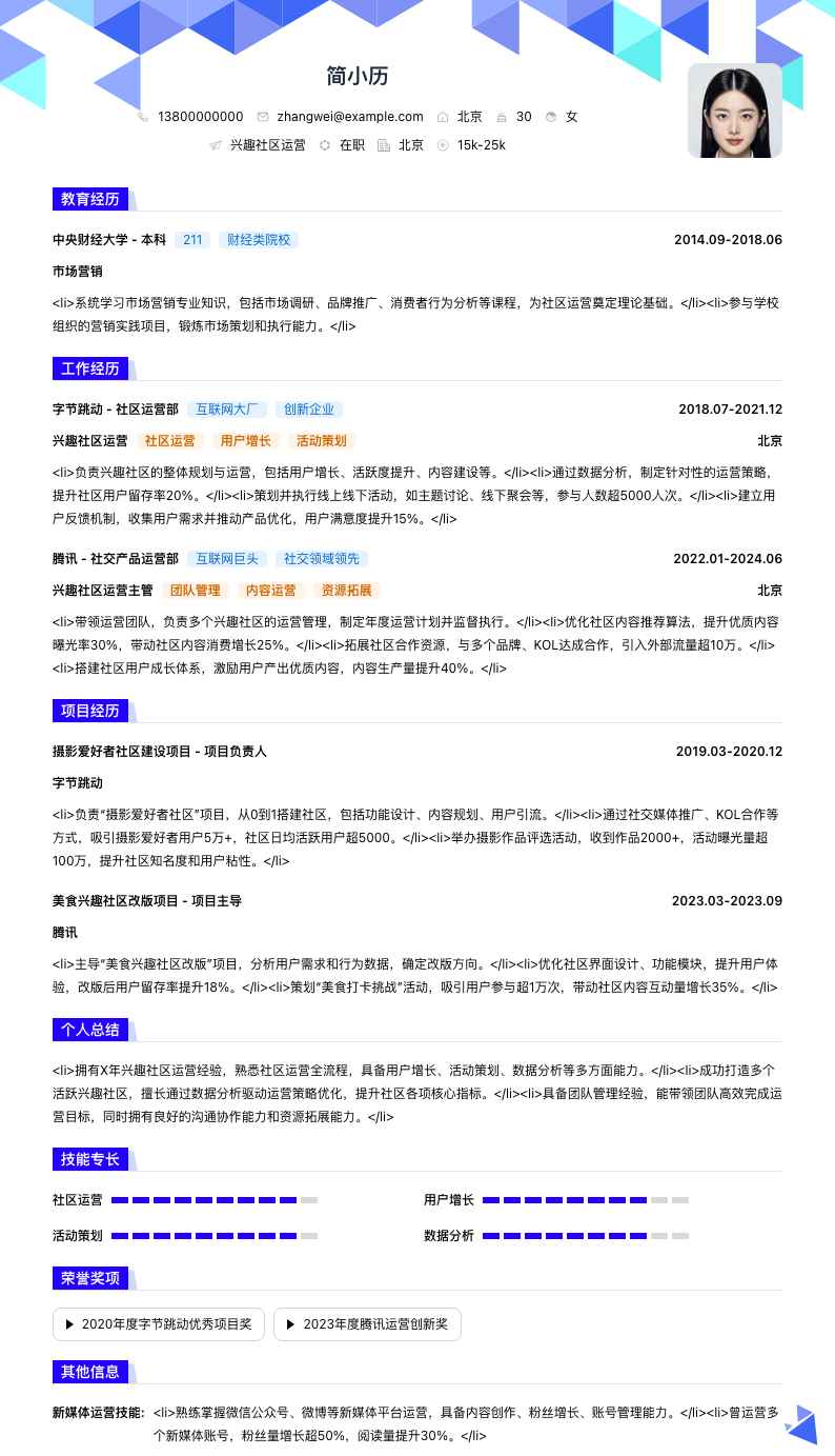 兴趣社区运营简历模板