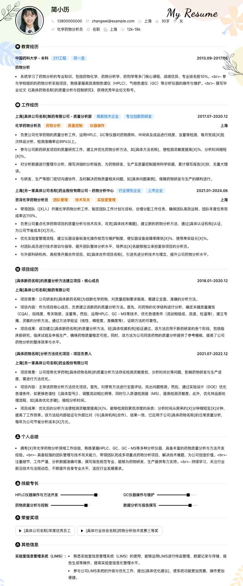 化学药物分析员简历模板