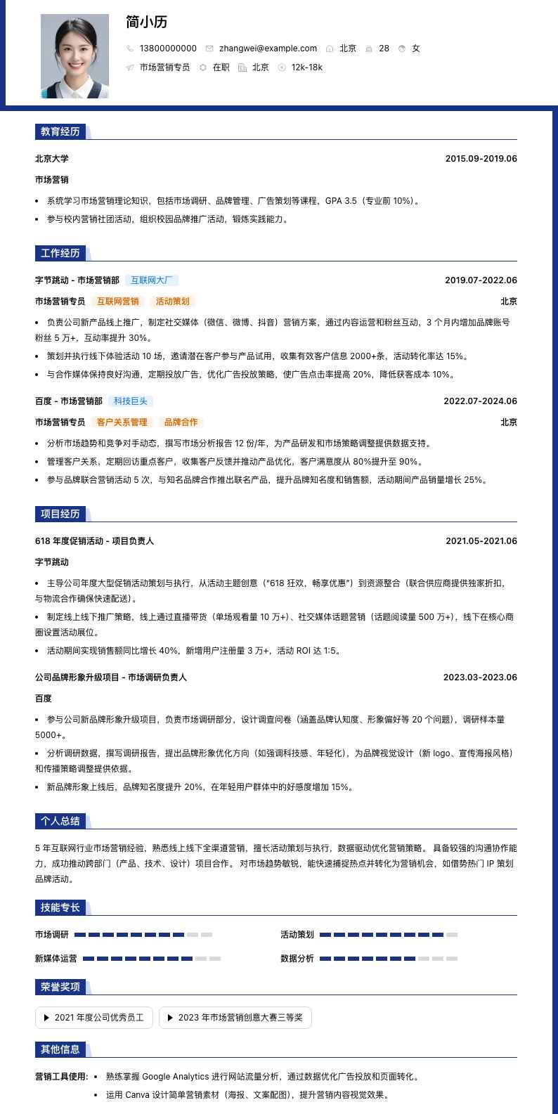 市场营销专员简历模板