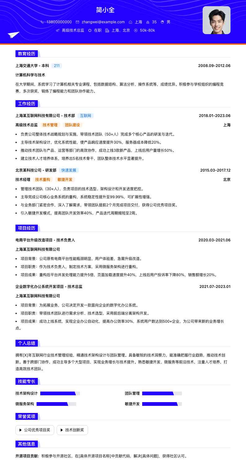 高级技术总监简历模板