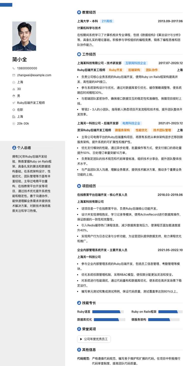 Ruby后端开发工程师简历模板