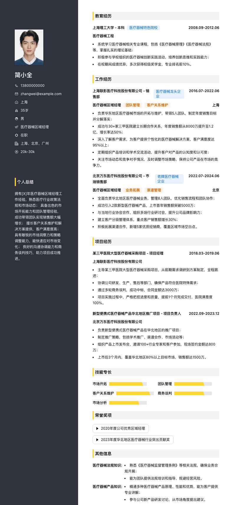 医疗器械区域经理简历模板