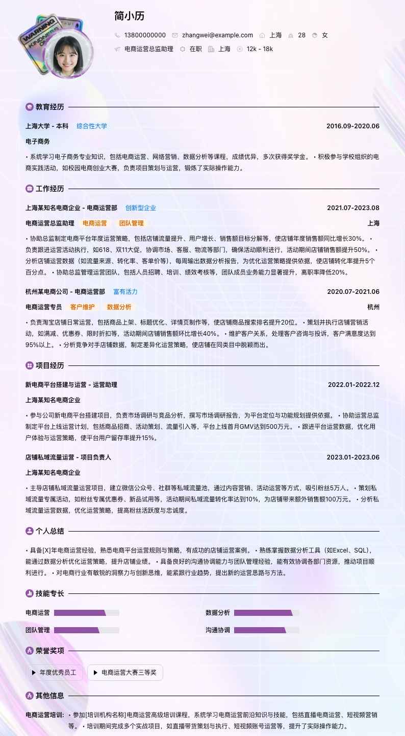 电商运营总监助理简历模板