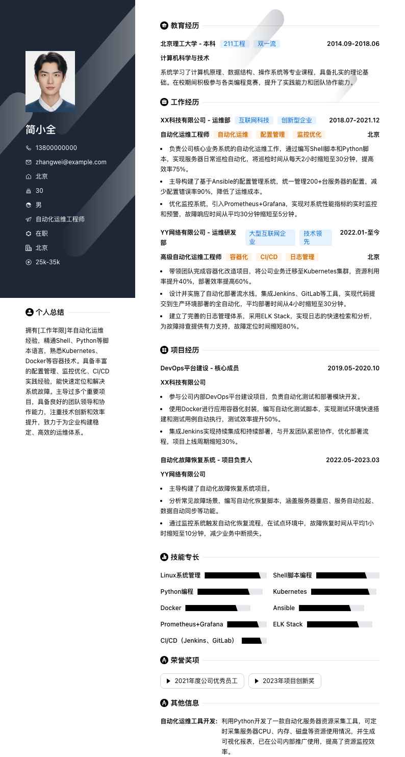 自动化运维工程师简历模板