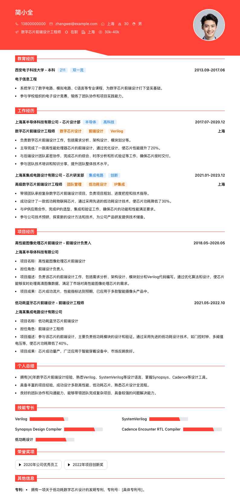 数字芯片前端设计工程师简历模板