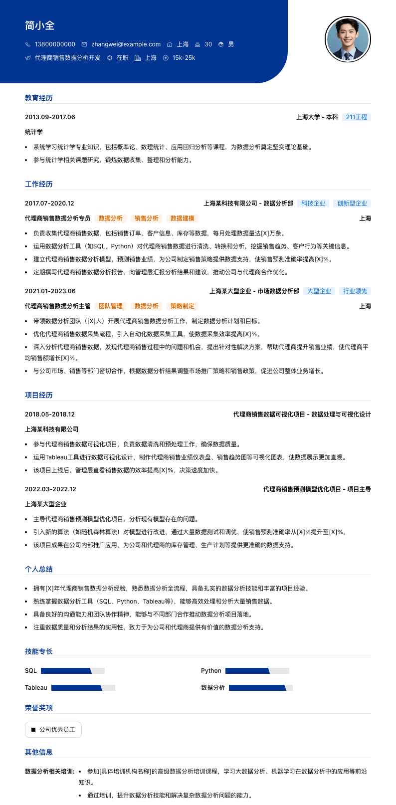 代理商销售数据分析简历模板