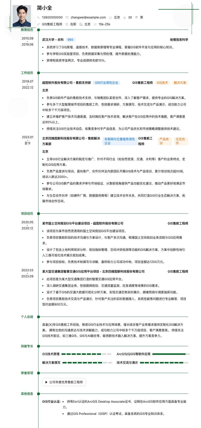 gis售前工程师简历模板