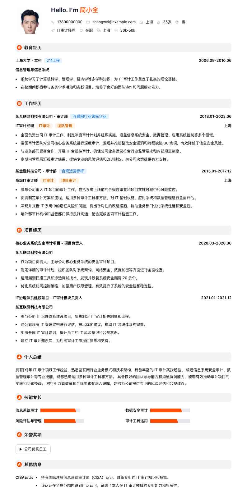 it审计经理简历模板