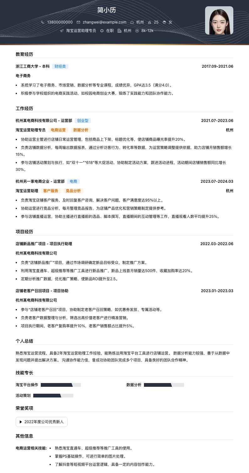 淘宝运营助理专员简历模板