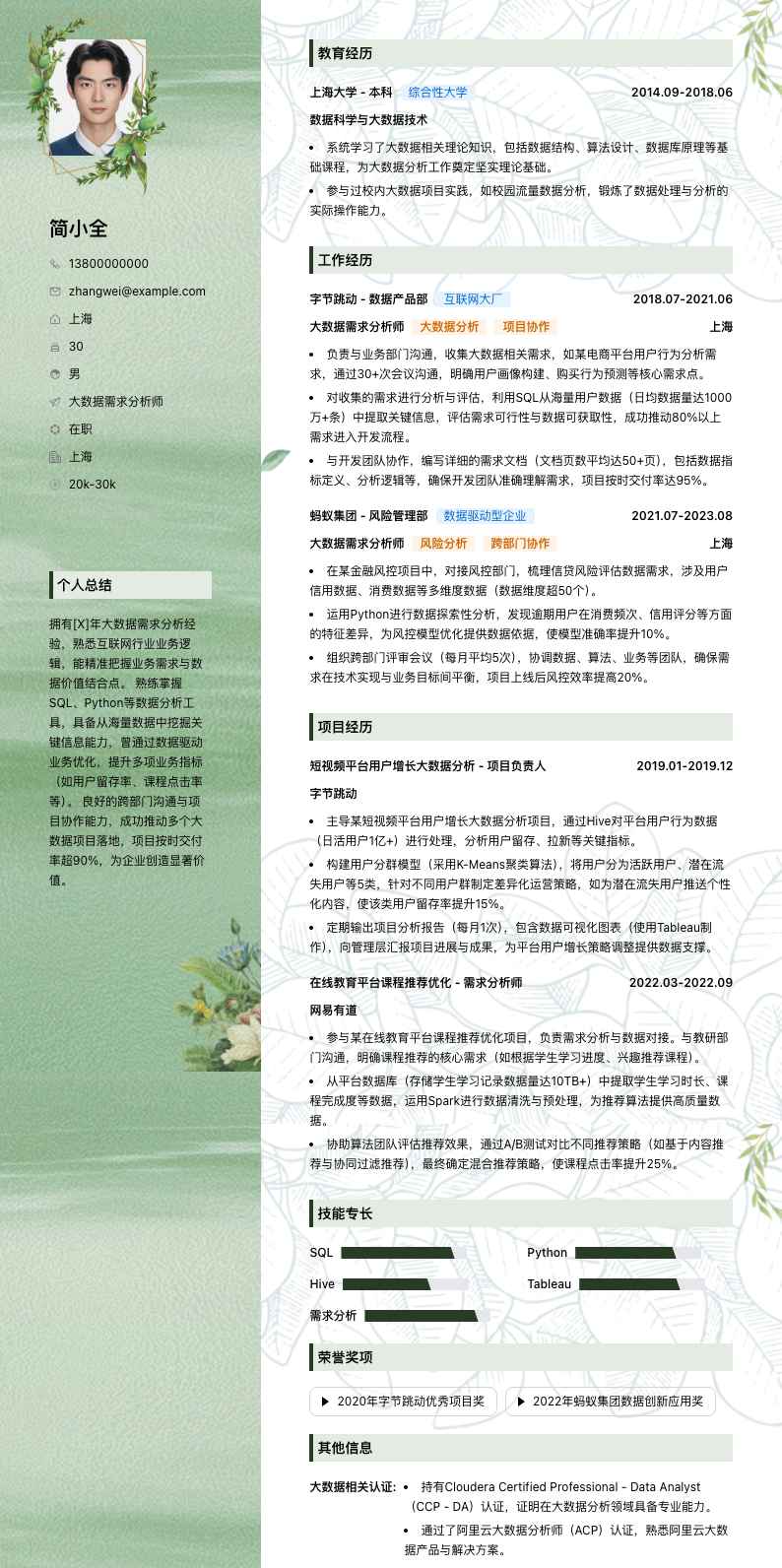 大数据需求分析师简历模板