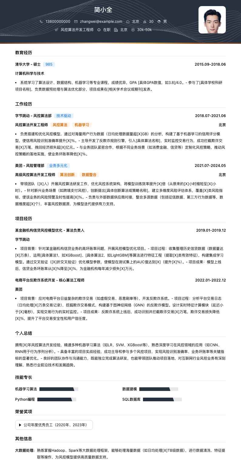 风控算法开发工程师简历模板
