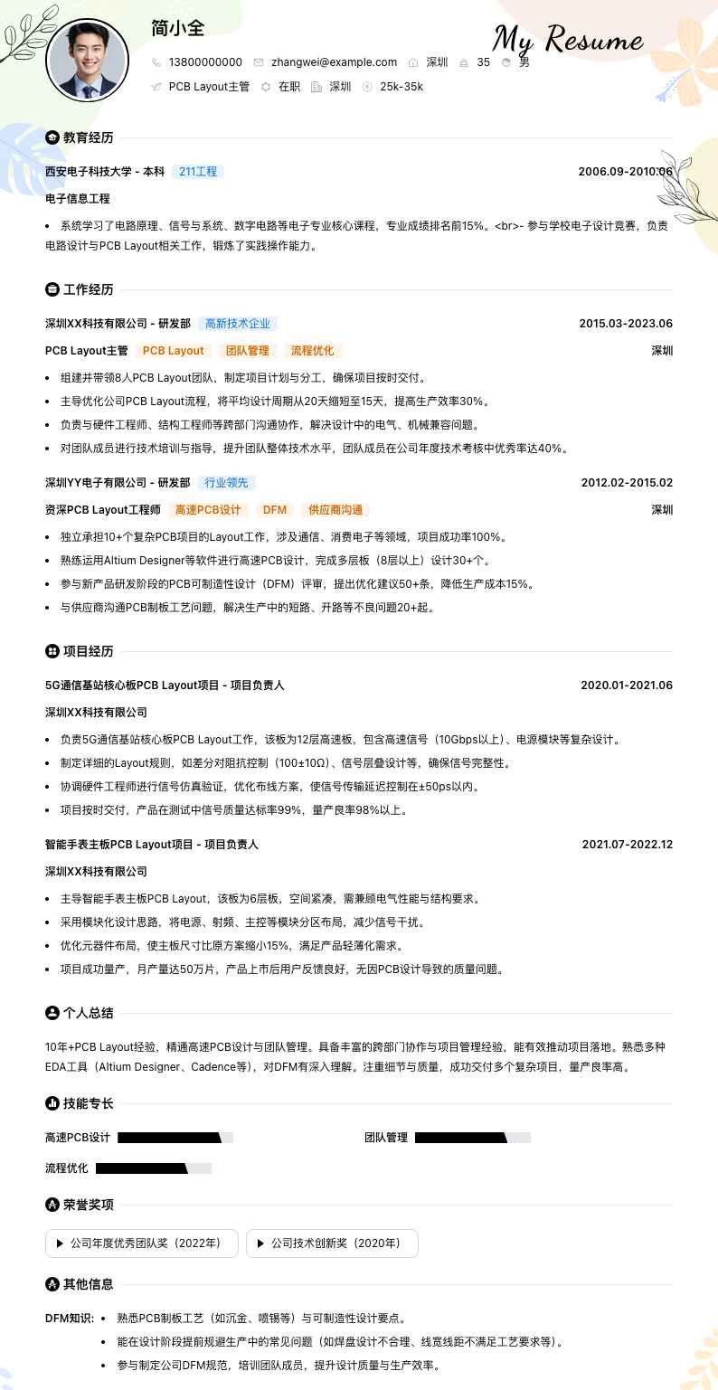 PCB Layout主管简历模板