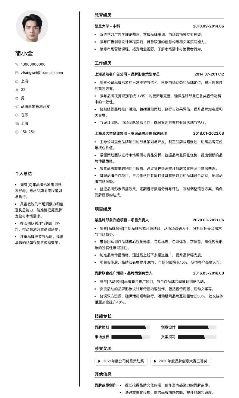 品牌形象策划简历模板