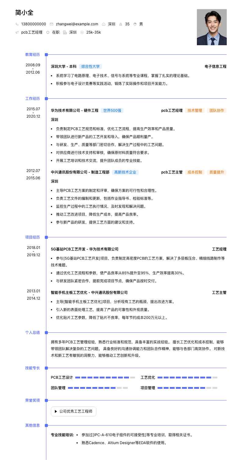 pcb工艺经理简历模板