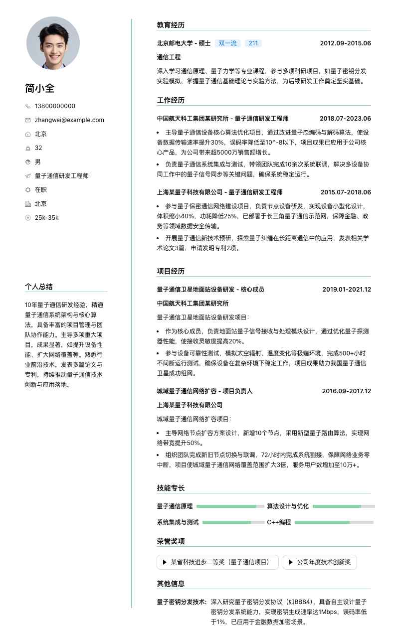 量子通信研发工程师简历模板