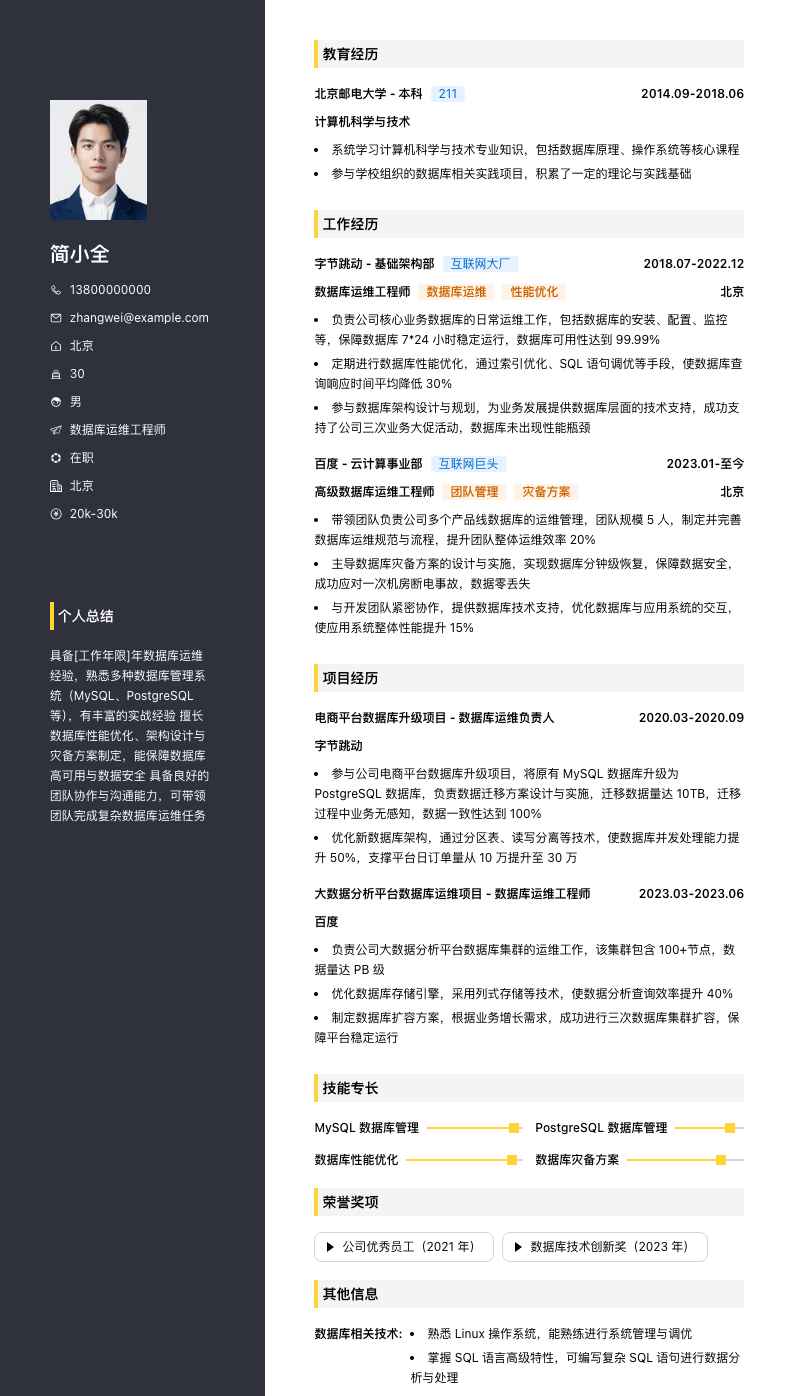 数据库运维工程师简历模板