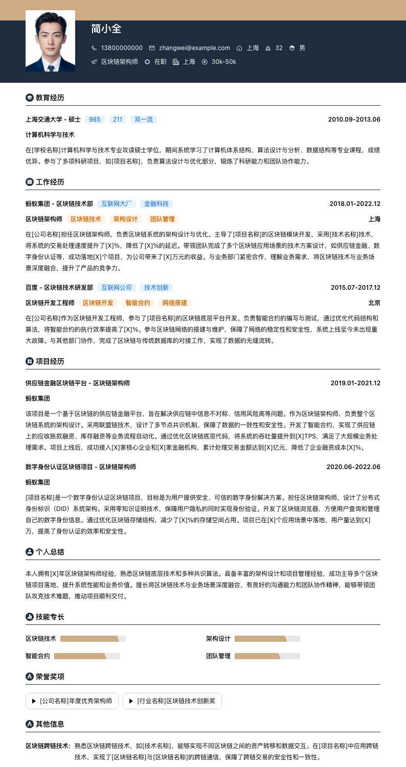 区块链架构师简历模板