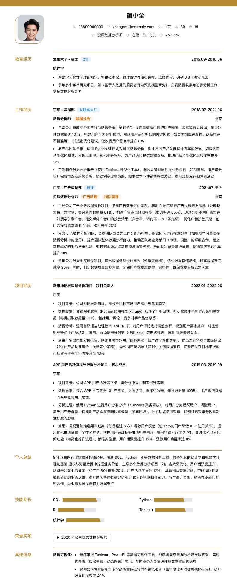 资深数据分析师简历模板