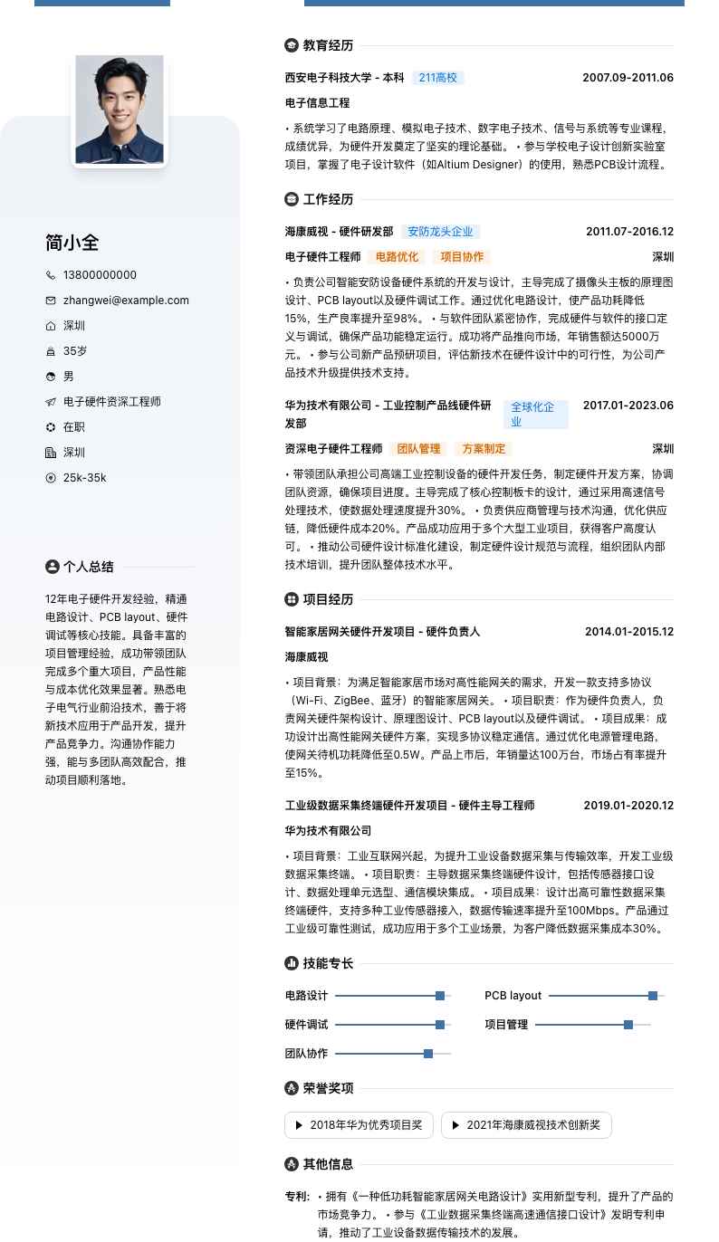 电子硬件资深工程师简历模板