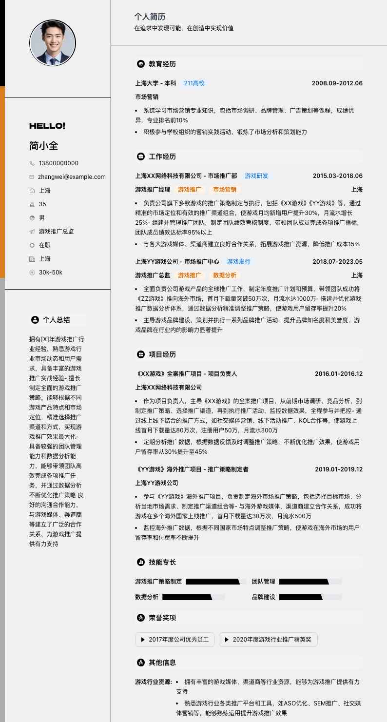 游戏推广总监简历模板