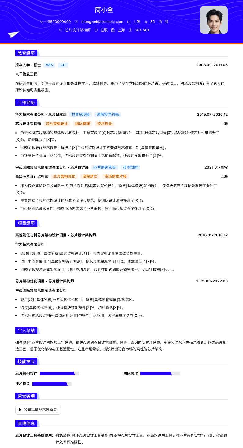 芯片设计架构师简历模板