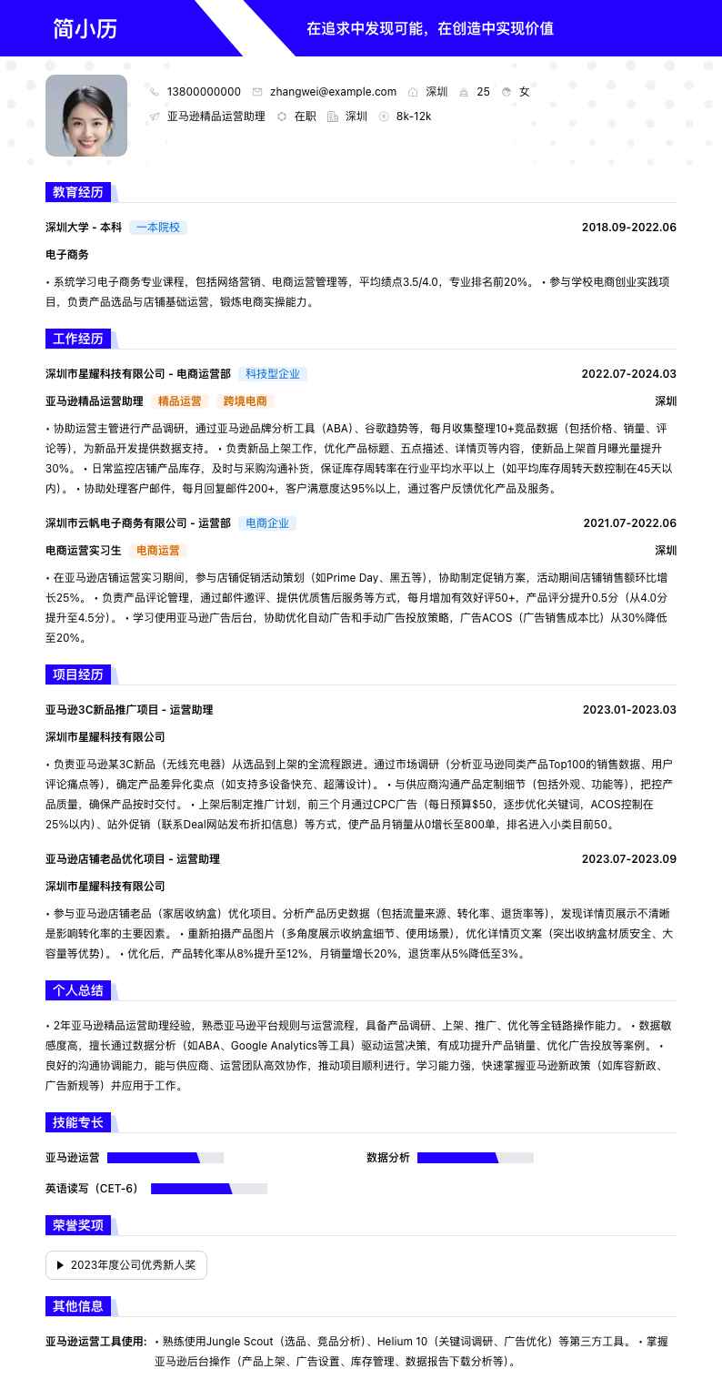 亚马逊精品运营助理简历模板