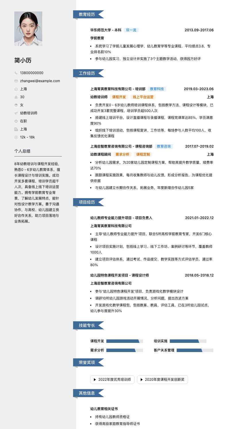 幼教培训师简历模板