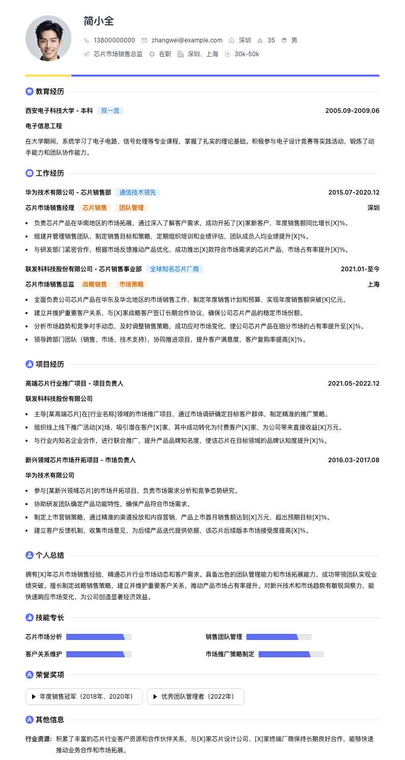 芯片市场销售总监简历模板