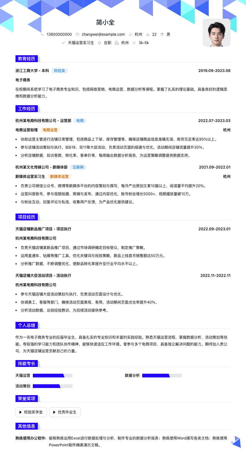 天猫运营实习生简历模板