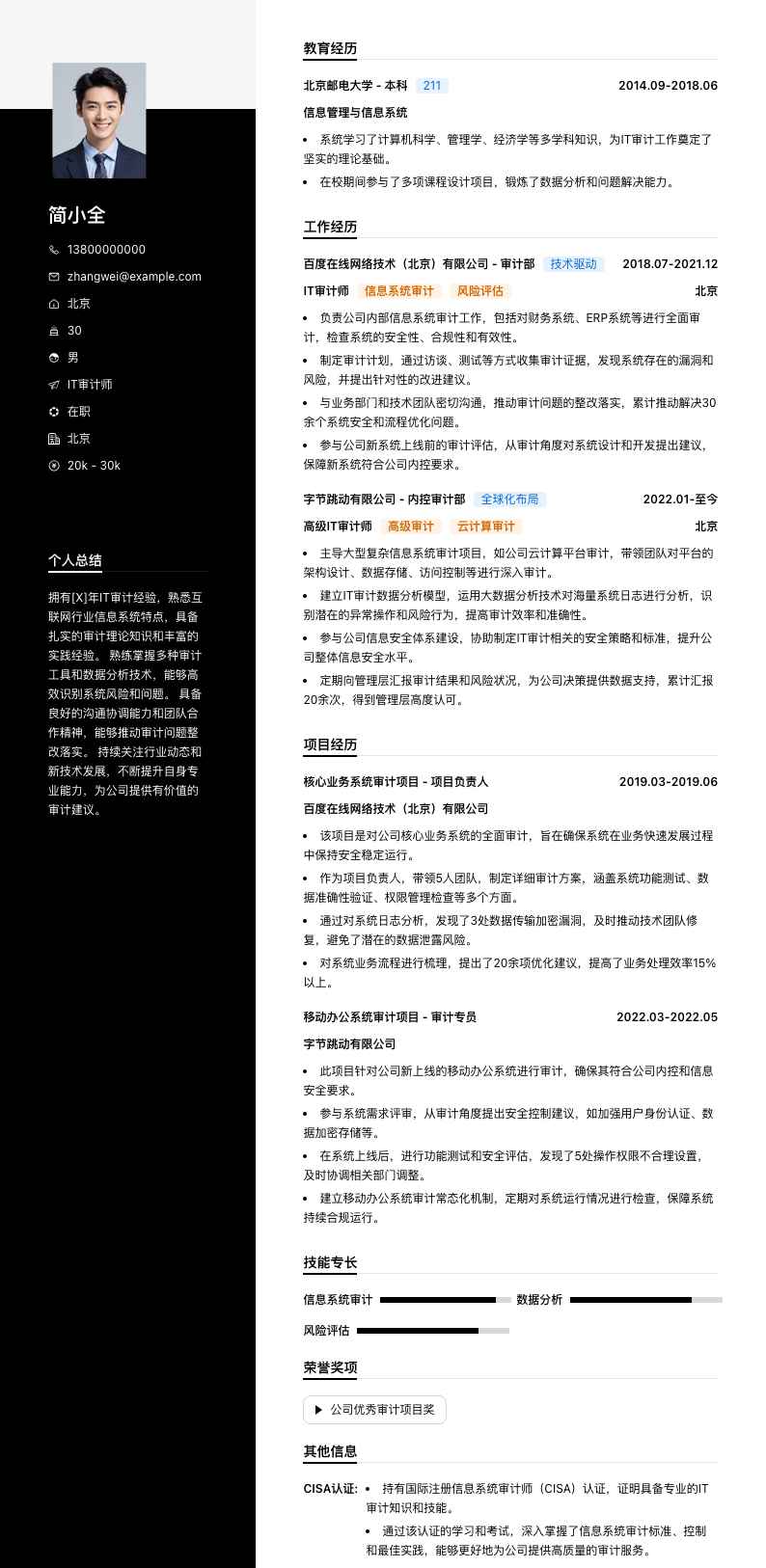 it审计师简历模板