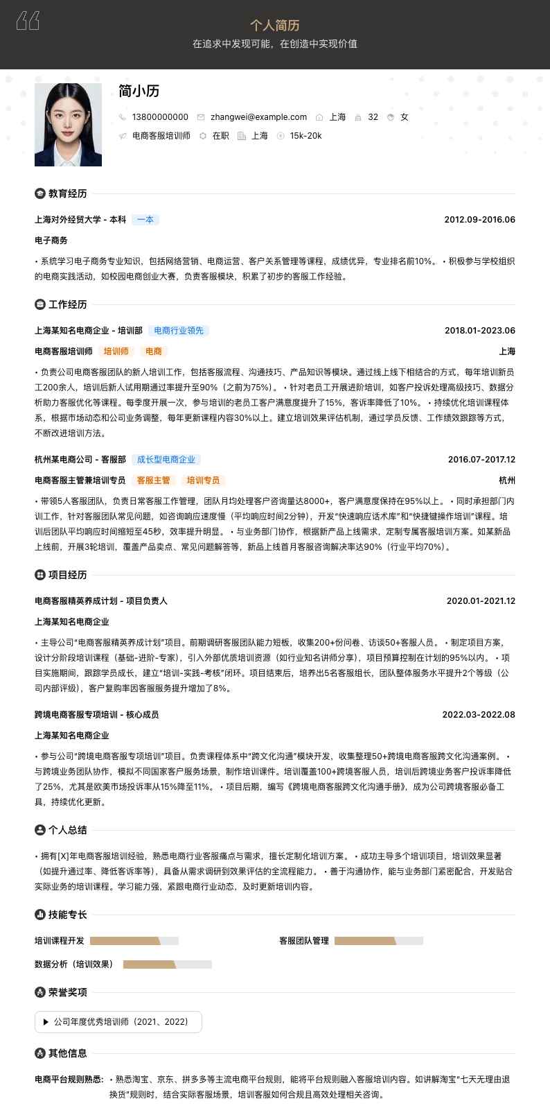 电商客服培训师简历模板