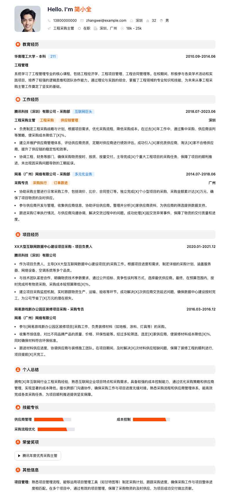 工程采购主管简历模板