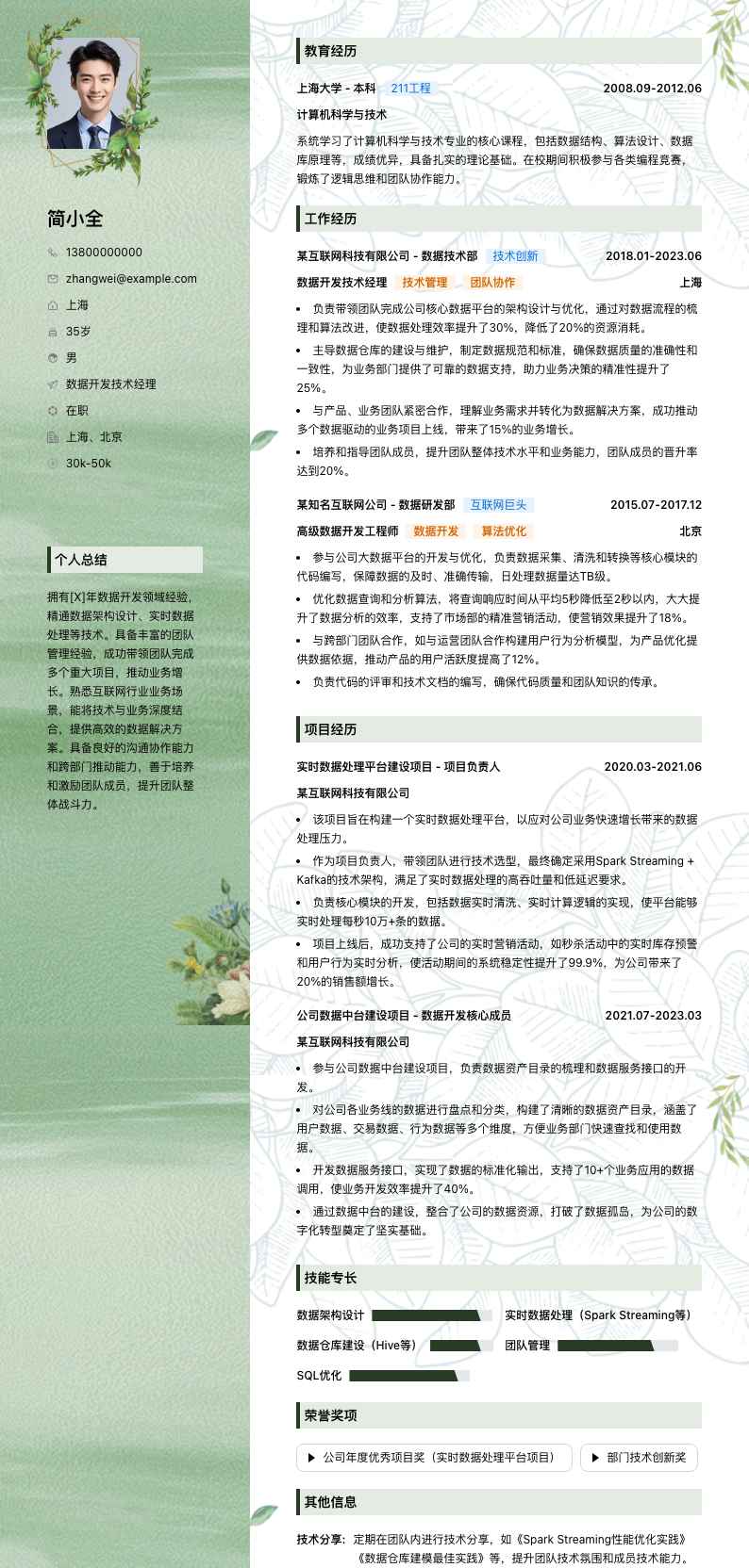 数据开发技术经理简历模板