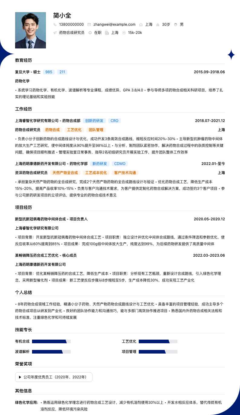 药物合成研究员简历模板